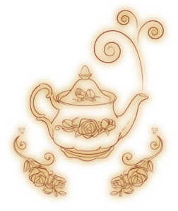 A drawing of a teapot and some roses